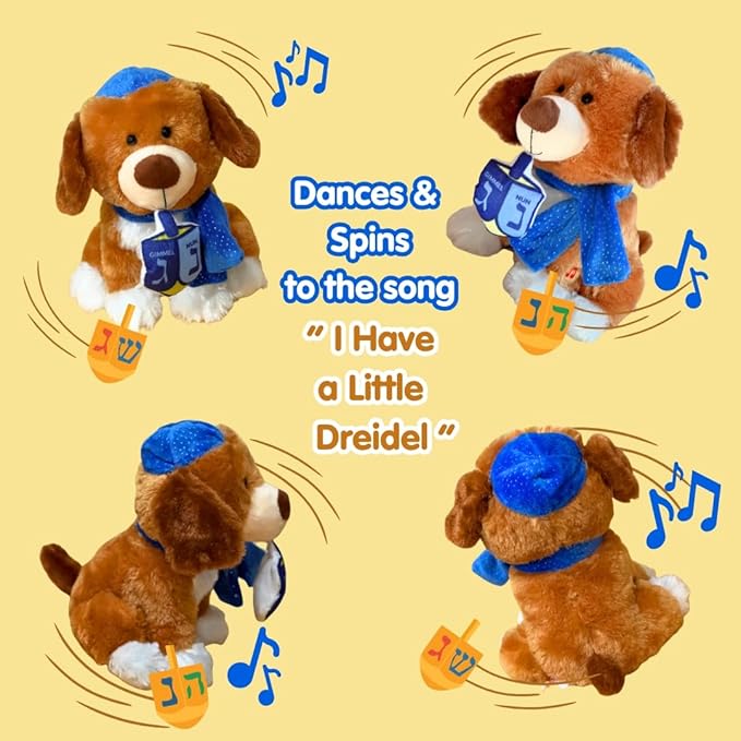 Cuddle Barn | Dreidel Pup - Funny Dancing Puppy Stuffed Animal Plush Toy for Kids | Celebrates Hanukkah in Blue Kippah or Yarmulke | Sings I Have a Little Dreidel, 9 Inches