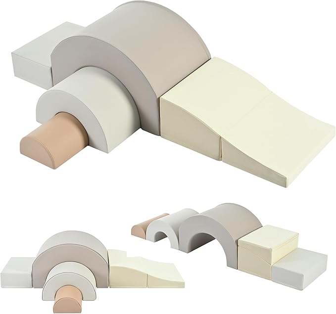 Merax Rainbow Soft Play Set, Soft Climbing Toys for Toddlers with Foldable Slide, Indoor Baby Soft Foam Blocks for Climbing and Crawling, 5-Piece, Cappuccino