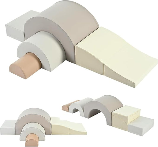 Merax Rainbow Soft Play Set, Soft Climbing Toys for Toddlers with Foldable Slide, Indoor Baby Soft Foam Blocks for Climbing and Crawling, 5-Piece, Cappuccino