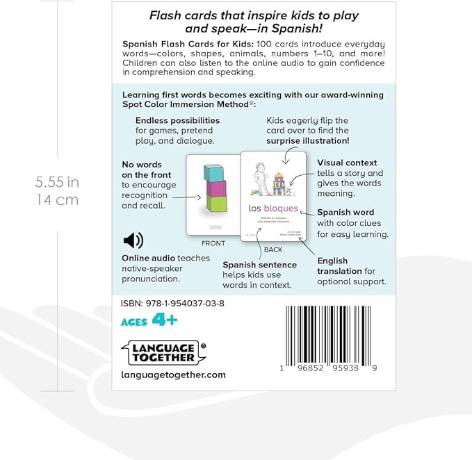 Spanish Flash Cards for Kids: 100 First Spanish Words with Online Audio - Learn Colors, Shapes, Numbers 1-10, Animals and More Beginner, Everyday Words - 100 Cards