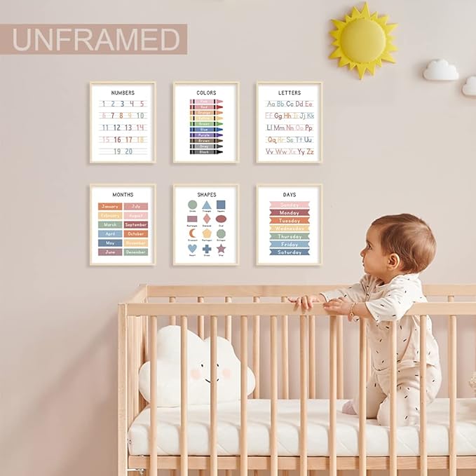 UNXIS Set of 6 Alphabet Poster, Abc Chart, Number Chart Educational Posters For Classroom Homeschool Preschool Supplies, for Kids Ages 3-5 Baby Girl Nursery Wall Decor.