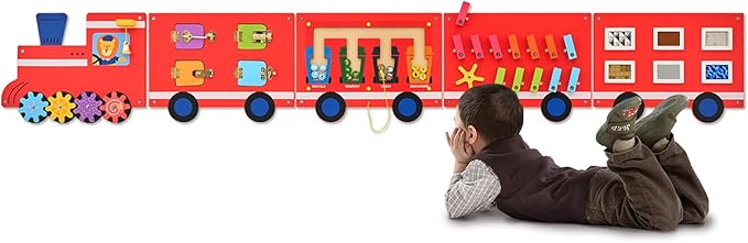 Monläurd® Wooden Train Activity Wall Panel for Kids, Sensory Wall Toy, Activity Cube, Wall Toys for Toddlers 1-3, Playroom Toys, Daycare Furniture, Montessori Busy Board