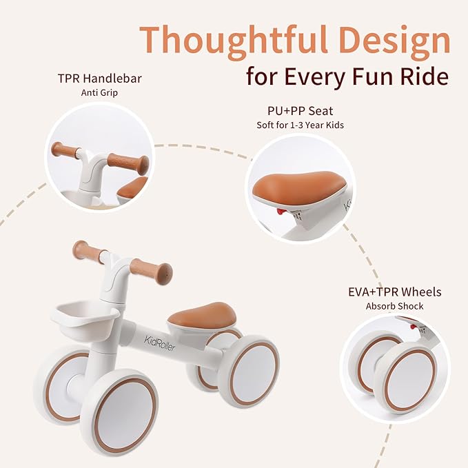 Kid's Balance Bikes for 1 Year Old Boys and Girls, 12-24 Months Toddler Ride-on with Adjustable Seat and a Front Basket, First Birthday Gifts (White)