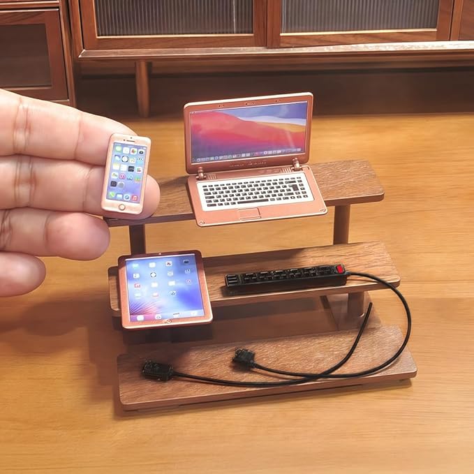 1:6 Scale Dollhouse Accessories - 4 Colors Miniature Digital Set: Metal Smartphone, Tablet, Laptop & Desktop USB Socket - 1:12 Scale Miniature Collectibles Gift (RoseGolden)