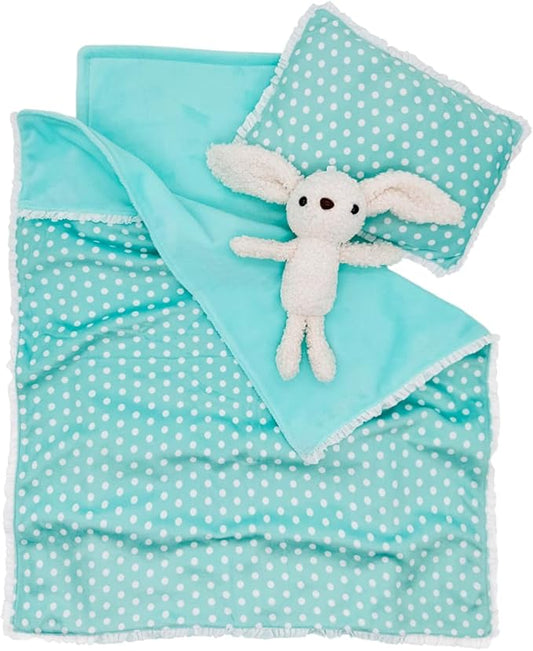 Baby Doll Accessories Bedding Set Soft Blanket Mattress Pillow Dolls Playset Fits 16-18 Inches American Doll Furniture Toy Girls and Boys (Green)