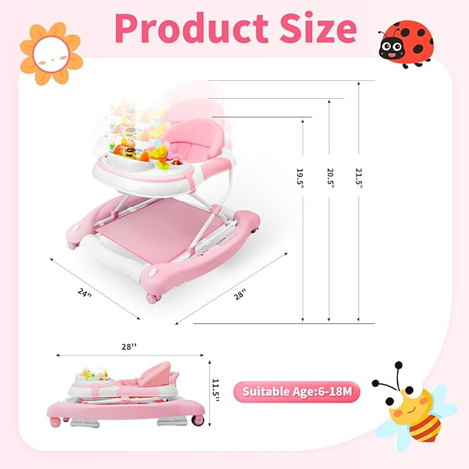 5 in 1 Baby Walker, Music and Lights Walker for Baby Boy Girls 6-12 Months, Foldable Baby Walkers with Wheels and Bouncer Combo Portable, Toddler Infant Walker with Adjustable Height