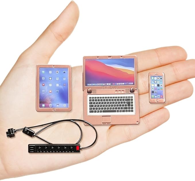 1:6 Scale Dollhouse Accessories - 4 Colors Miniature Digital Set: Metal Smartphone, Tablet, Laptop & Desktop USB Socket - 1:12 Scale Miniature Collectibles Gift (RoseGolden)