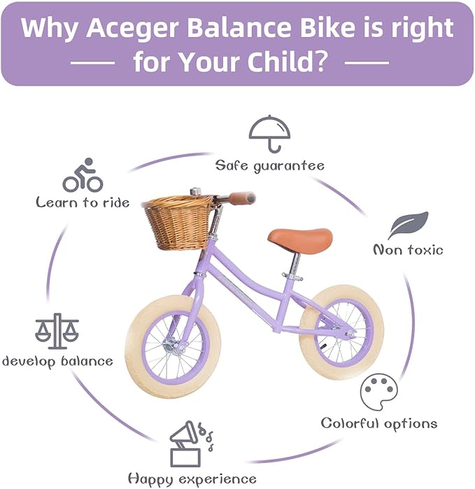 ACEGER 12" Kids Balance Bike with Basket, Toddler Bicycle for Early Learning Leg Strength and Steady Balancing, Durable Frame&Tool-Free Adjustable Seat, Gift Bike for 2-5 Kids, No Brake