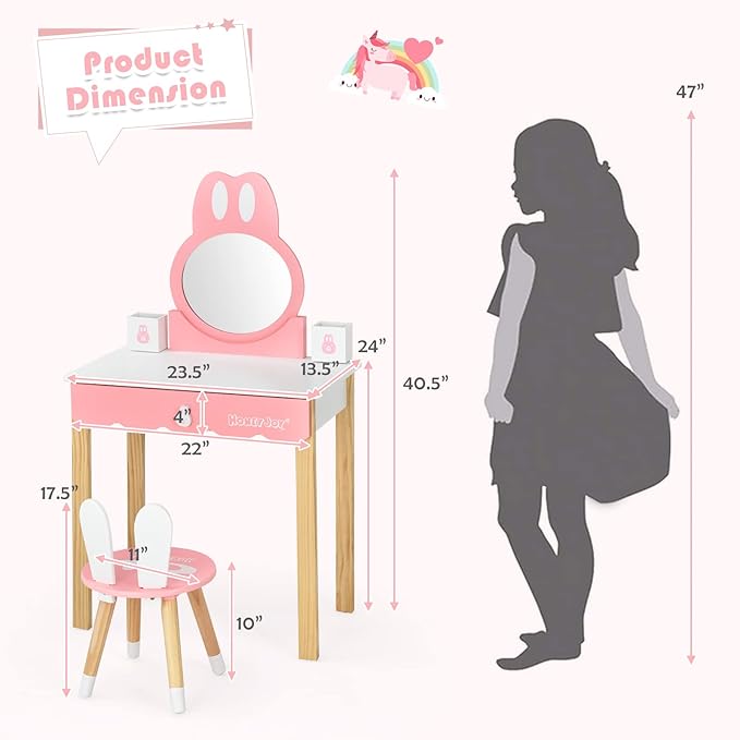 HONEY JOY Kids Vanity, Rabbit Themed Wooden Pretend Play Vanity Set, Toddler Makeup Vanity Table & Chair Set, Removable Holders & Drawer, Princess Little Girls Vanity Set with Mirror and Stool(White)