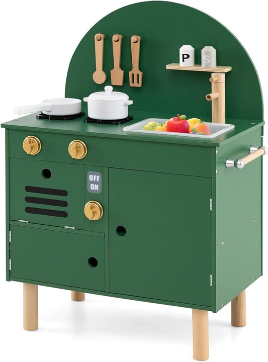 Costzon Kids Kitchen Playset, Little Chef Pretend Play Kitchen w/Stoves, Faucet, Sink, Microwave, Cabinet, Oven & Cooking Accessories, Wooden Play Kitchen for Kids 3+ Years Old (Green)