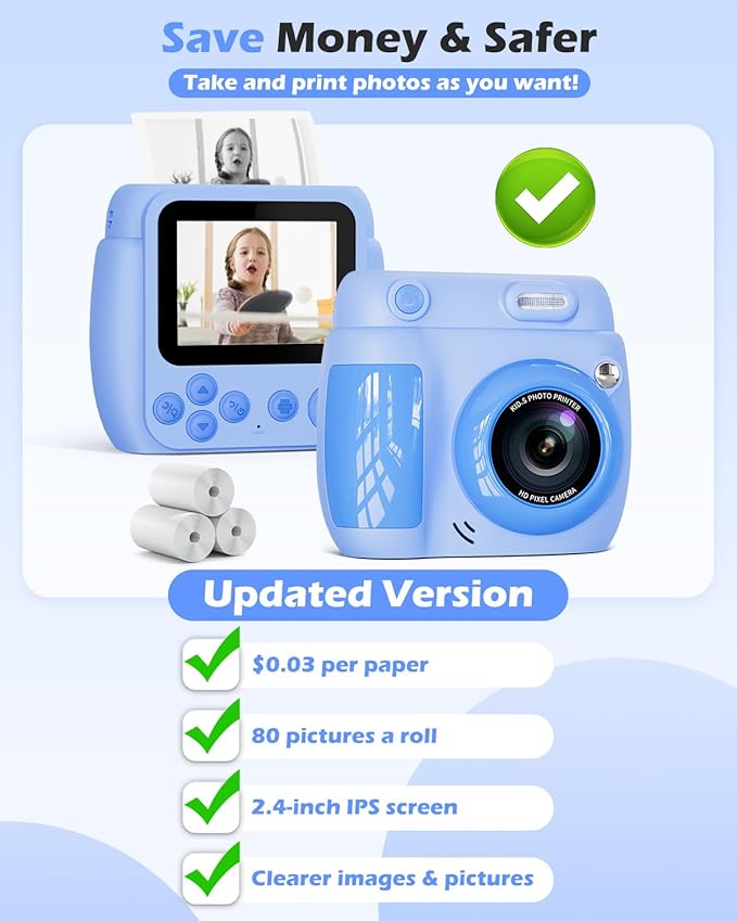 Kids Camera Instant Print - Christmas Birthday Gifts for Girls Boys Age 3-12, 1080P Video Digital Camera with 3 Rolls Printing Paper, Toddler Travel Toy Camera for 4 5 6 7 8 9 10 11 Year Old - Blue