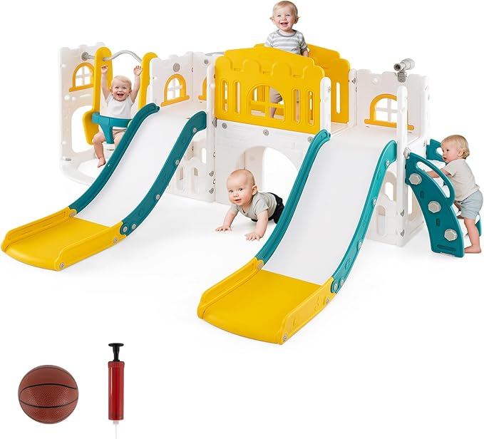 Costzon 10 in 1 Toddler Swing and Slide Set, Double Kids Slide and Climber Playset w/Aisle, Peek-a-Boo Window & Storage Space, Baby Indoor Playground for Aged 1+ (Yellow-2 Slides,100" × 59" × 40")