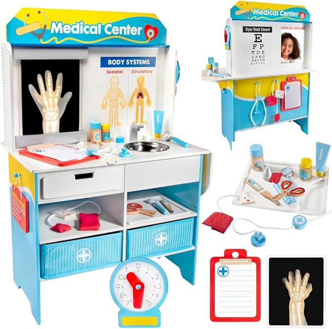 Get Well Doctor Wooden Activity Center- Kids Pretend Play Medical Playset w Waiting Room- 16 Accessories, Dual Sided, Office Checkup Kit, X-Rays, Blood Pressure Cuff- Boys Girls Roleplaying Xmas Gift