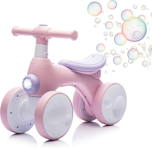 Baby Balance Bike 1 Year Old with Music, Lights, Bubble Machine, 4 Wheels Pedal-Less Toddler Ride on Toys for 12-36 Months Birthday Gift, Toddler boy Toys Ride on car (Pink)