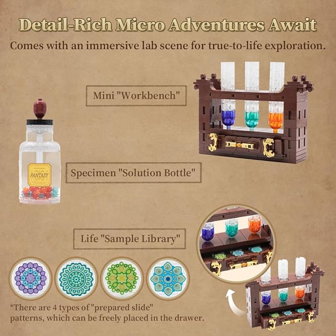 PANTASY Retro Microscope Building Kit for Adults, Antique Science Instrument Model with Mechanical Design, Brass Finish & Lab Accessories, Collectible Display Brick Set