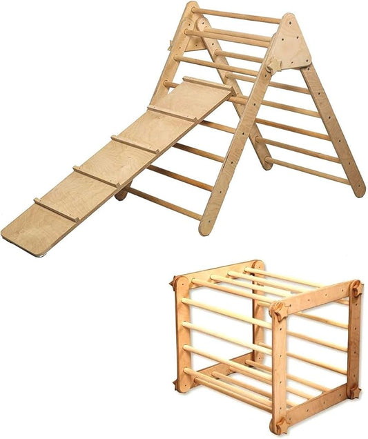 Montessori Climbing Cube and Triangle for Kids | Foldable Climbing Set | Indoor Activity Cube | Climbing Set with Cube and Triangle for Toddler | Foldable Wooden Jungle Gym (CUBE+TRI+RAMP L)