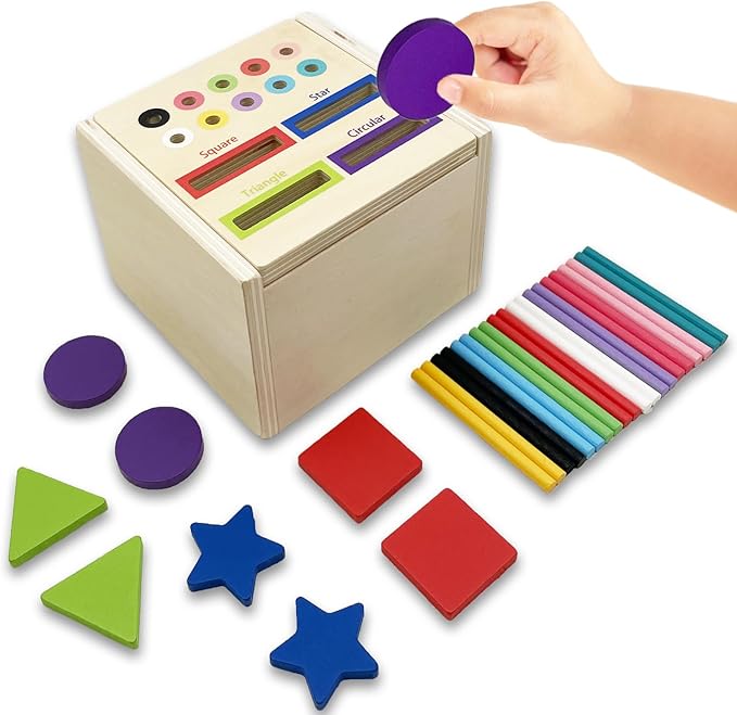 Wooden Montessori Toys for Toddlers, Color & Shape Sorting Matching Games, Fine Motor Skills Sensory Preschool Learning Educational Toys Baby Boys Girls Gifts (2 in 1)