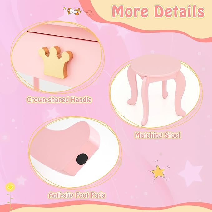 HONEY JOY Kids Vanity with Lights, Crown Girls Vanity Set with Mirror and Stool and Lights, Toddler Vanity, Wooden Makeup Table for Little Girls, Pretend Play Kids Vanity Table and Chair Set(Pink)