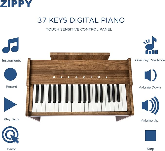 ZIPPY Kids Piano Keyboard, 37 Keys Digital Piano for Kids, Touch Sensitive Control Panel, Built-in Songs, Volume Adjustable, Music Educational Instrument, Wood Piano for 3+ Girls and Boys(Walnut Plus)