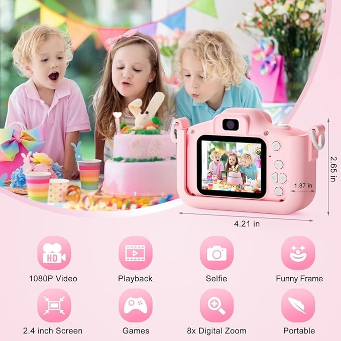 Kids Camera Toys for 3-8 Year Old Girls Boys, Toddler Digital Video Camcorder with Cartoon Soft Silicone Cover, Christmas Birthday Gifts for Kids - 32GB SD Card Included