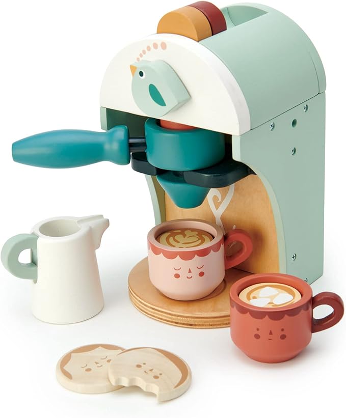 Tender Leaf Toys - Babyccino Maker - Wooden Coffee Machine Pretend Food Play Toy with Espresso Capsules and Cups - Made with Premium Materials and Craftsmanship - Age 3+