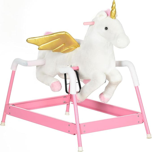 Qaba Kids Spring Rocking Horse, Ride on Horse for Girls and Boys with Animal Sounds, Plush Horse Ride-on with Soft Feel, Interactive Toy for Kids, Pink