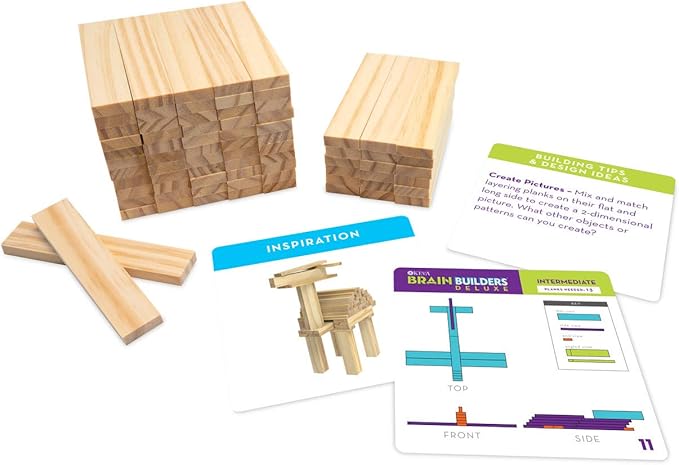 MindWare Keva Brain Builders Deluxe: STEM Building Toy Includes 75 KEVA Planks, 40 Puzzle Cards, 8 Design Cards, 3D Building Skills for Kids - Ages 7+