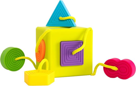 Fat Brain Toys OombeeCube, Toddler and Baby Toys 10 Months and Up, Travel-Friendly Shape Sorter with Tethered Shapes for Early Learning