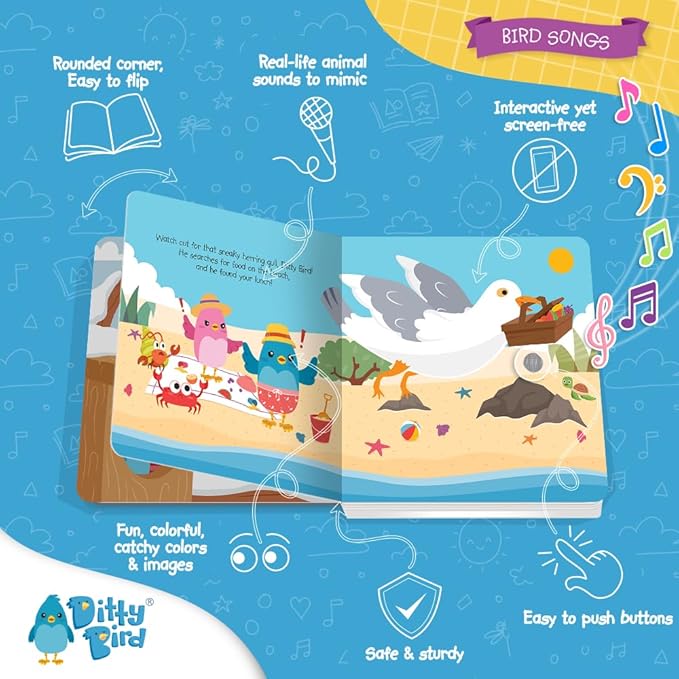 Ditty Bird Animal Sounds Book for Toddlers – Interactive Book Featuring Cuckoo, Blue Tit, Herring Gull, Tawny Owl & Dove Sounds | Musical Board Book for Ages 1-3 | Perfect Educational Gift for Toddler