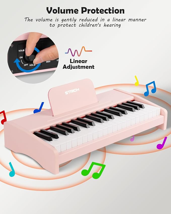 STRICH 37 Keys Kids Piano Keyboard, Mini Digital Piano for Kids, Volume Adjustable, Music Book, Wood Piano for 3+ Girls and Boys, Pink Color, SEK-37