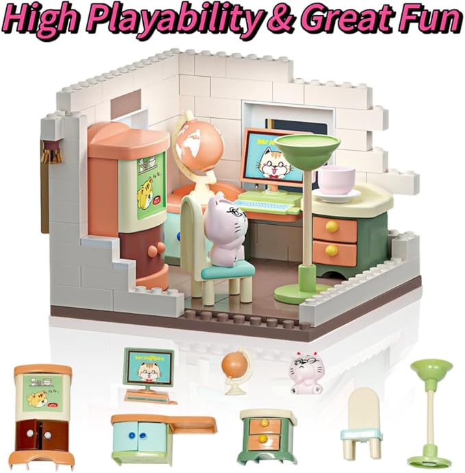 Koko's Cat Town DIY Miniature House Kit,Tiny House Home Office Building Kits,Purrfect Dollhouse with 254PCS,Gift for Cat Lovers Teens Kids Ages 3+. Purr-FECT Gift! (HY-120A2)