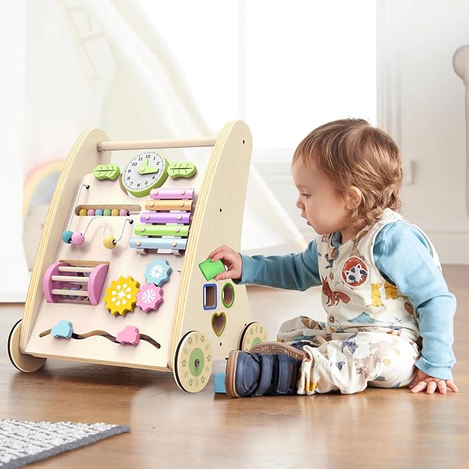 Wooden Baby Walker,Adjustable Speed Push Walker with Wheels and Learning Activity Center,Montessori Walker for Babies 12 Months,Baby Walker Push Toys for Baby Boys and Girls Gifts (Natural)