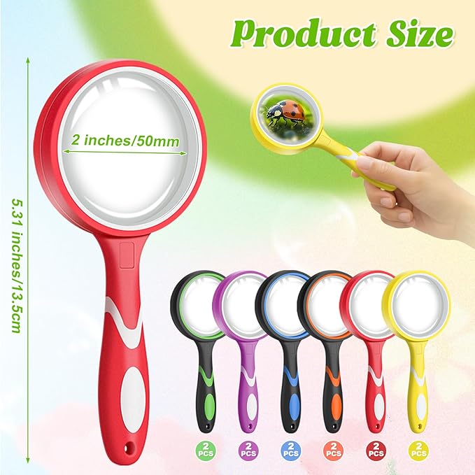 Leffis 12 Pack Magnifying Glass, 50mm 10X Multicolour Magnifying Glasses Lens Reading Magnifier for Kids and Seniors, Non-Slip Handheld Magnifying Glass for Close Work, Nature Exploration