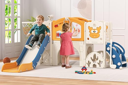 BIERUM Toddler Slide Set with Basketball Hoop, Golf Game & Drawing Board, 13-in-1 Indoor Outdoor Toddler Slides Playground for Kids Ages 1+, Kids Climber Playset for Backyard (Blue&Yellow)