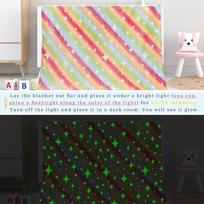 Kids Blanket Glow in The Dark Blanket Rainbow Fleece Throw Blanket Stars Blanket Glow in The Dark Blankets for Girls Boys Teen Kids