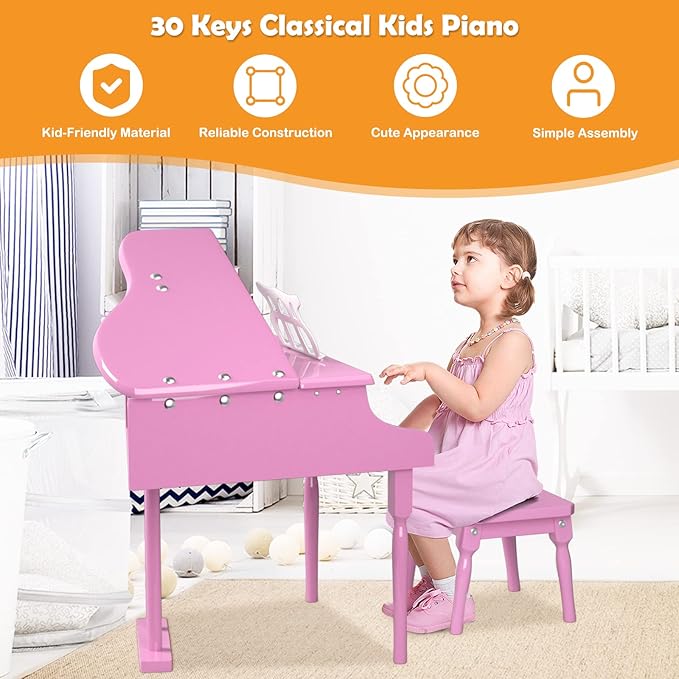 30-Key Kids Piano Keyboard, Mini Grand Piano for 3 Years+, Toddler Musical Instrument with Stool & Removable Music Stand, Wooden Baby Music Toys Gifts for Beginners, Girls & Boys