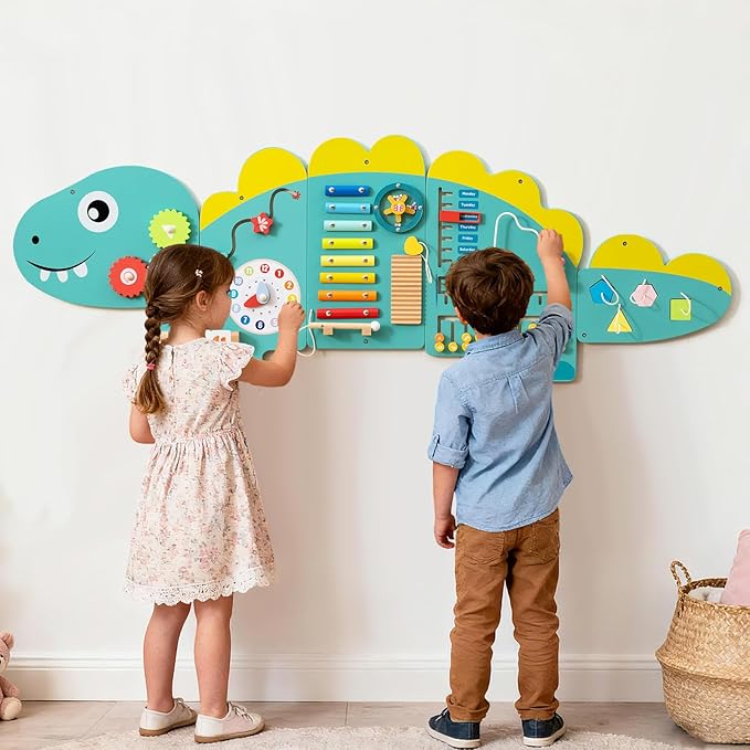 HONEY JOY Dinosaur Activity Wall Busy Board Panels, 11-in-1 Wooden Sensory Wall Panel for Kids, Toddler Learning Activity Center, Ideal for Playroom Daycare Nursery Classroom Dentist Office (Green)