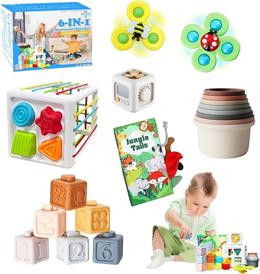 6 in 1 baby montessori toys for 6 12 month old-incl Busy Cube,stacking cups,Shape Sorting Bin,baby blocks,crinkle books, suction cups spinners,Sorting Learning Sensory Toys Gift for Babies Aged 1-3