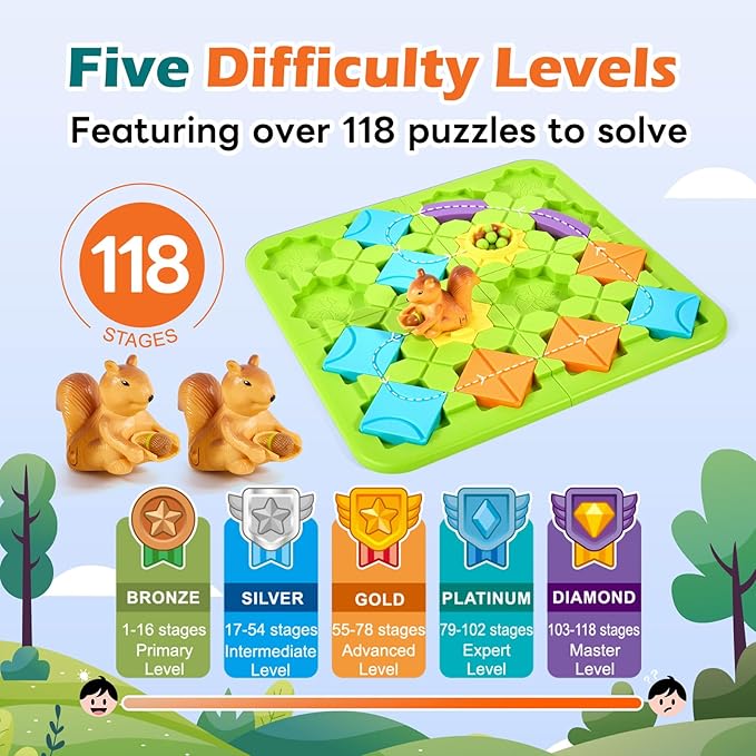 Airkid STEM Board Games Brain Toys, Maze Brain Teaser Puzzles Learning Games for Kids Ages 4-8, 118 Challenges 5 Difficulty Levels Squirrel Logic Track Building Blocks, Educational Toys Birthday Gifts