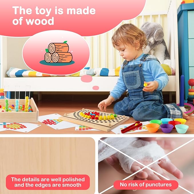 Toddler Learning Montessori Toys for 3 4 5 6 Year Old,Rainbow Stacking and Color Sorting - Number Crunching Clip Bead Matching -Wooden Peg Board Bead Game - Fine Motor Skills Toys
