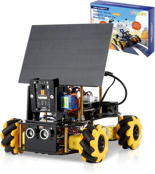 ACEBOTT ESP32 Smart Camera Solar Robot Car, 4WD Omnidirectional Movement Remote Control Car Compatible with Arduino IDE, Electronics Programming Project/STEM Educational/Science Coding Kit for 12+