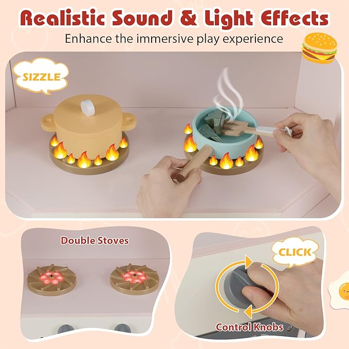 Costzon Corner Play Kitchen, Large Pretend Play Kitchen w/Real Light & Sound, Pull-Out Trash Can, Stoves, Microwave, Oven, Washer, Little Chef Wooden Kitchen Playset for Kids 3+ Years Old (Pink)