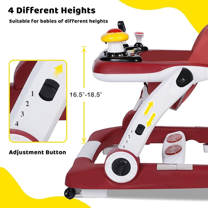 6 in 1 Baby Walker, Baby Activity Center for Toddler, Walker Rocker Bouncer w/Adjustable Height Speed, Learning-Seated & Walk-Behind, Infant Walker w/Feeding Tray & Music Toys, Red