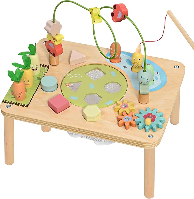 wingyz Activity Table, 6 in 1 Wooden Montessori Activity Center with Bead Maze Shape Sorter Fishing Game, Kids Sensory Play Table Toddler Toys 1st Birthday Gifts Boy Girl(Morandi-Square)