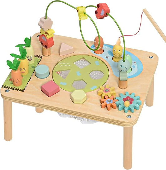 wingyz Activity Table, 6 in 1 Wooden Montessori Activity Center with Bead Maze Shape Sorter Fishing Game, Kids Sensory Play Table Toddler Toys 1st Birthday Gifts Boy Girl(Morandi-Square)