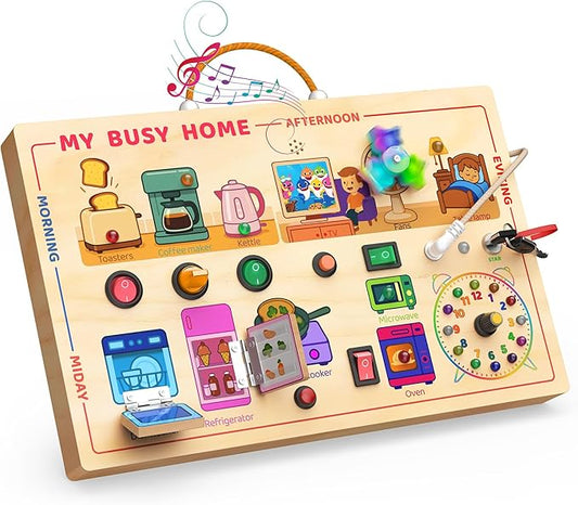 Montessori Wooden Busy Board for Toddlers 1-3 - Light Up LED Switch Sensory Board, Home Kitchen Themed Educational Learning Toy, Portable Travel Car Activities Gifts for 1 2 Year Old Boys Girls