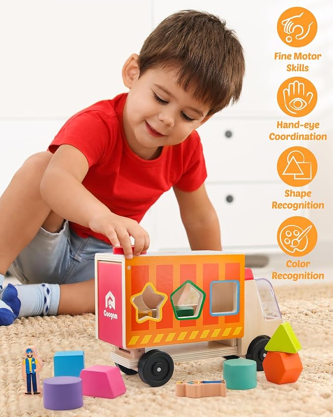 Coogam Shape Sorting Montessori Toys for Toddles, Wooden Color Shape Sorter Truck Toy with 2 Play Figures - Fine Motor Educational Learning Gift Toy for Kids 2 3 4 Year Old