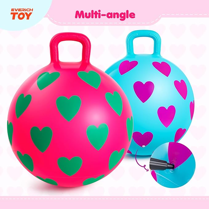 EVERICH TOY 2-Pack Hopper Ball, 15In Hippity Hop Balls for Kids 3-6, Heart Bouncy Ball with Handle, Indoor Outdoor Inflatable Christmas Hopping ToysGifts for Girls Boys
