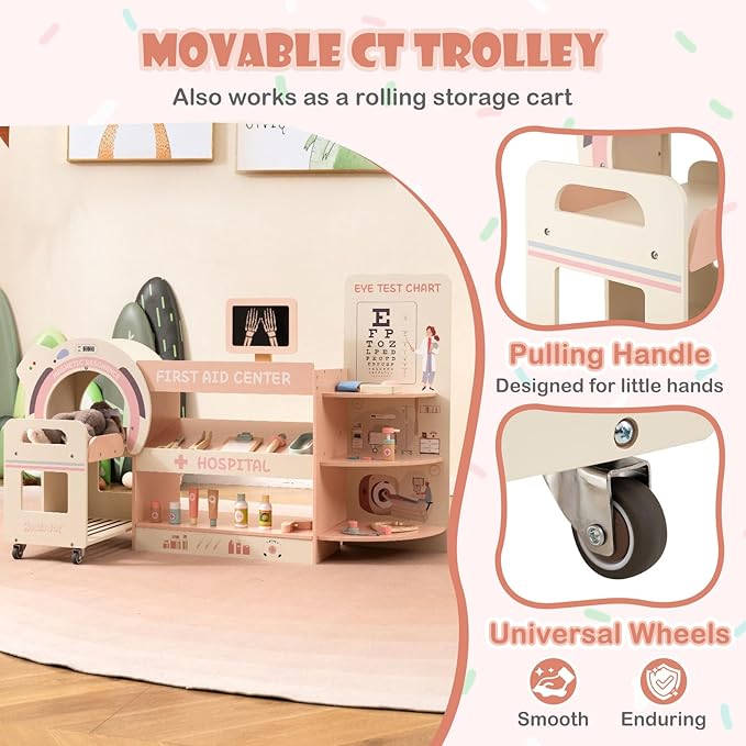 Costzon Kids Doctor Play Set, Wooden Pretend Doctor Kit w/ Eye Chart, Toy CT Machine, Realistic Medical Station & 20 Hospital Accessories, Toy Medical Center Playset for Boys Girls Aged 3+ (Pink)