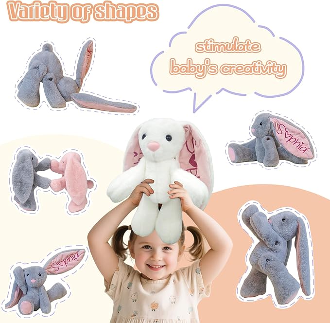 Personalized Bunny Plush with Embroidered Name, Custom Stuffed Animals for Babies, Bunnys Plush Toys for 3 Years Old Girl Gifts, Birthday Easter for Baby Boys Girls Toddlers Newborn (Bunny)